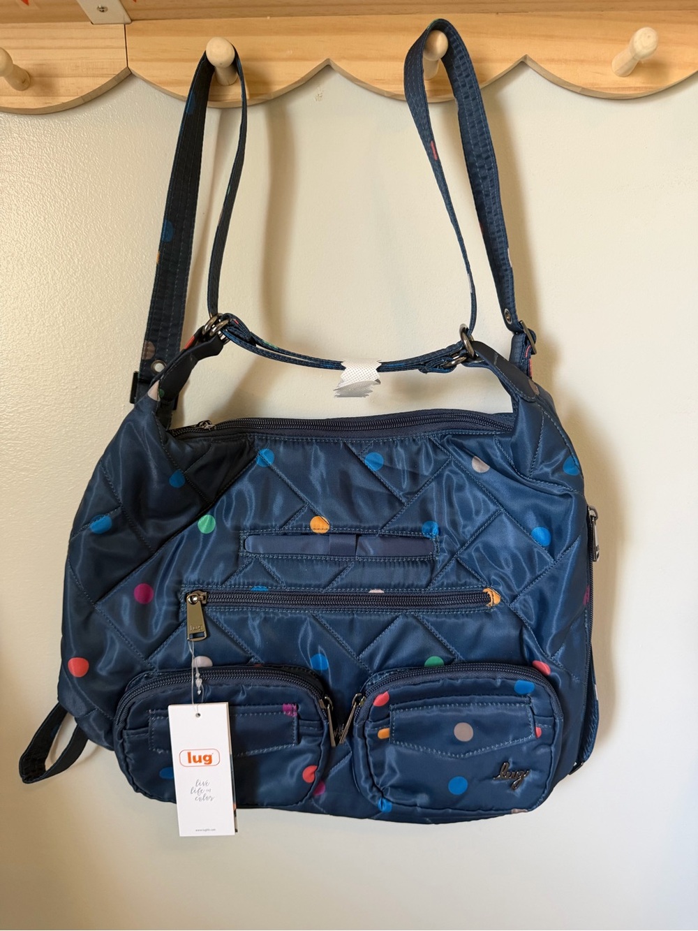 Lug Zipliner Navy Multicolor Polka Dot Tote Bag/Bookbag Zip Closure Convertible